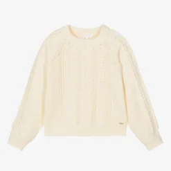 Girls Ivory Cotton Cable Knit Sweater