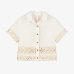Girls Ivory Cotton Crochet Trim Shirt