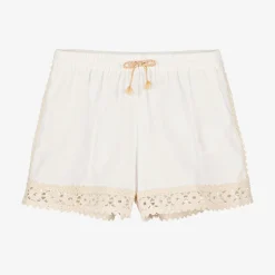 Girls Ivory Cotton Crochet Trim Shorts