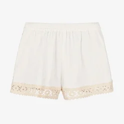 Girls Ivory Cotton Crochet Trim Shorts
