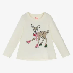 Girls Ivory Cotton Festive Deer T-Shirt