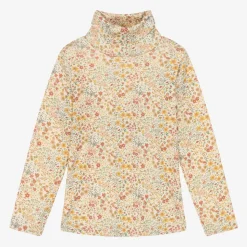Girls Ivory Cotton Floral Roll Neck Top