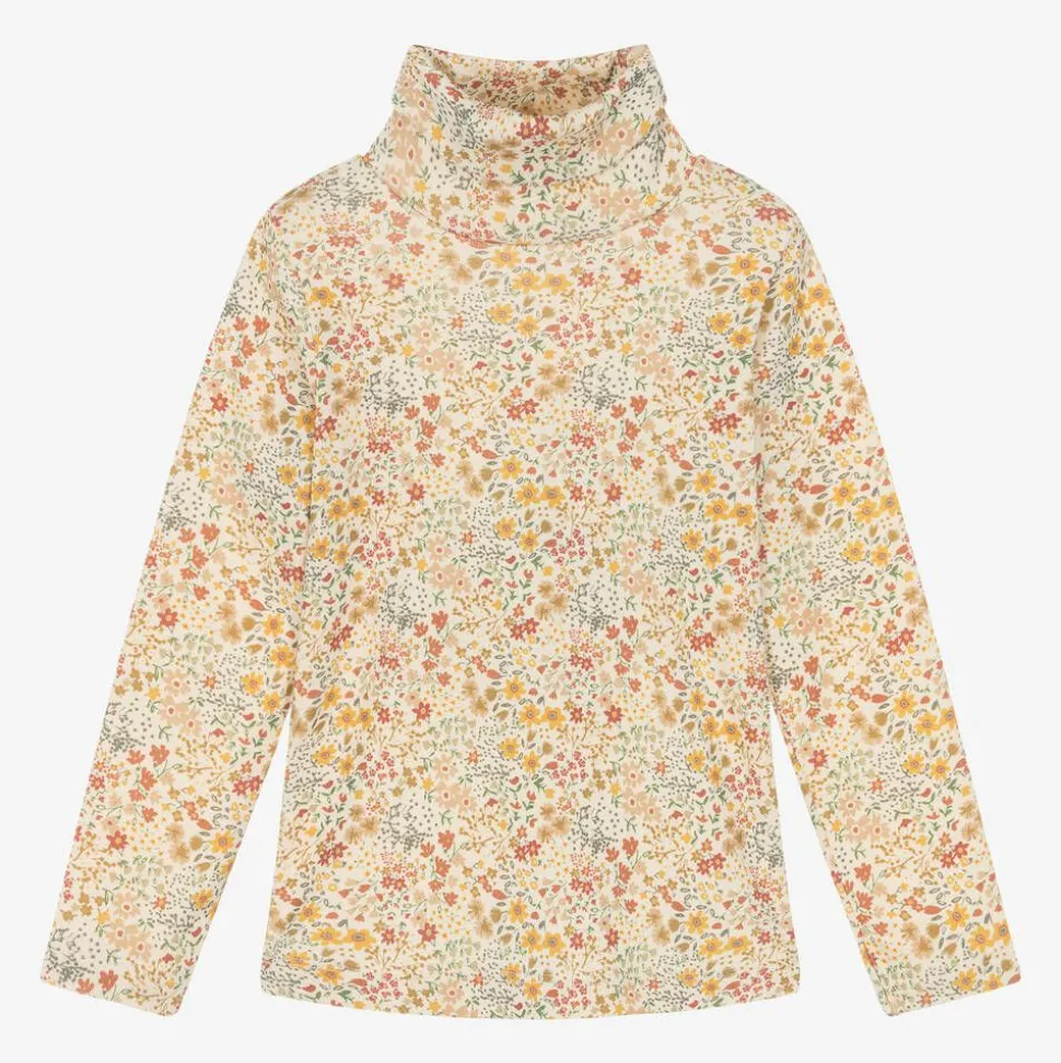 Girls Ivory Cotton Floral Roll Neck Top