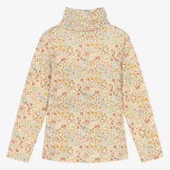 Girls Ivory Cotton Floral Roll Neck Top