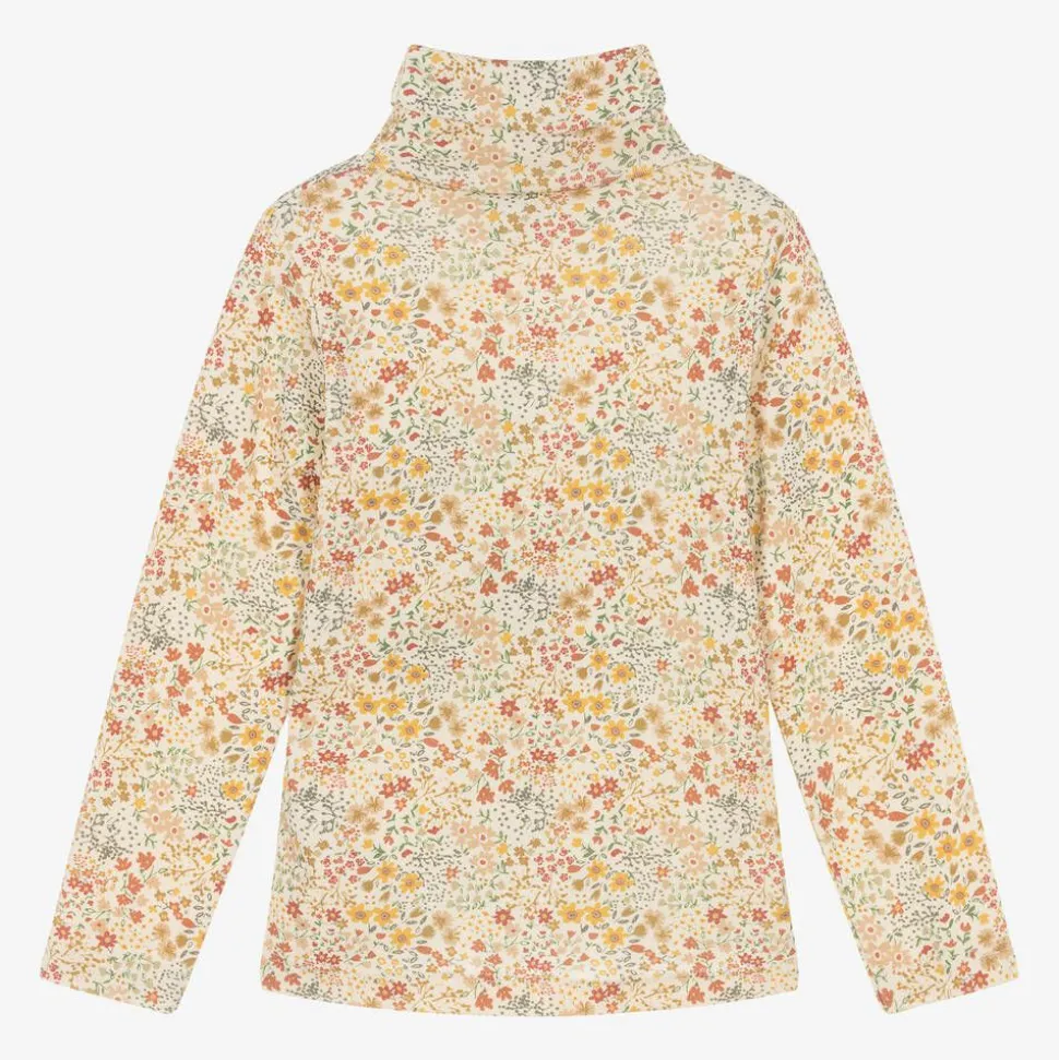 Girls Ivory Cotton Floral Roll Neck Top
