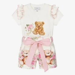 Girls Ivory Cotton Teddy Bear Shorts Set