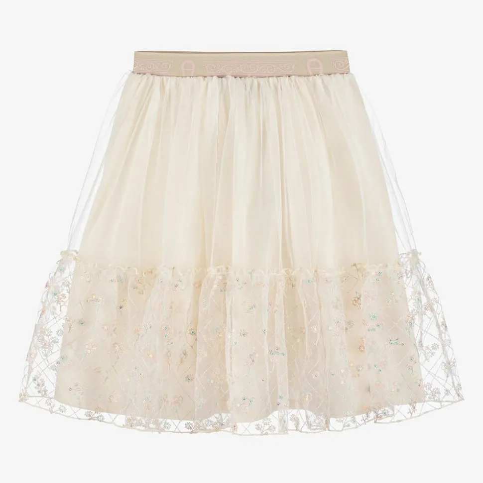Girls Ivory Embroidered Tulle Skirt