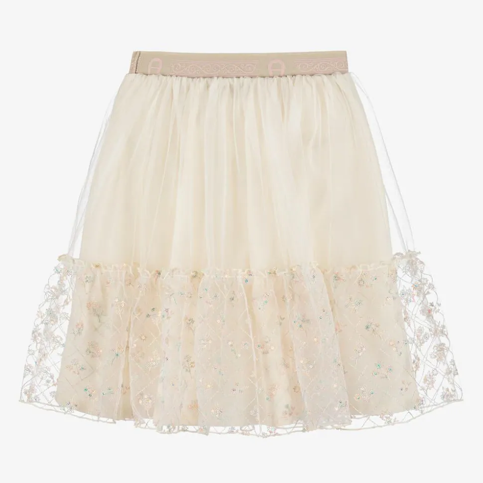 Girls Ivory Embroidered Tulle Skirt