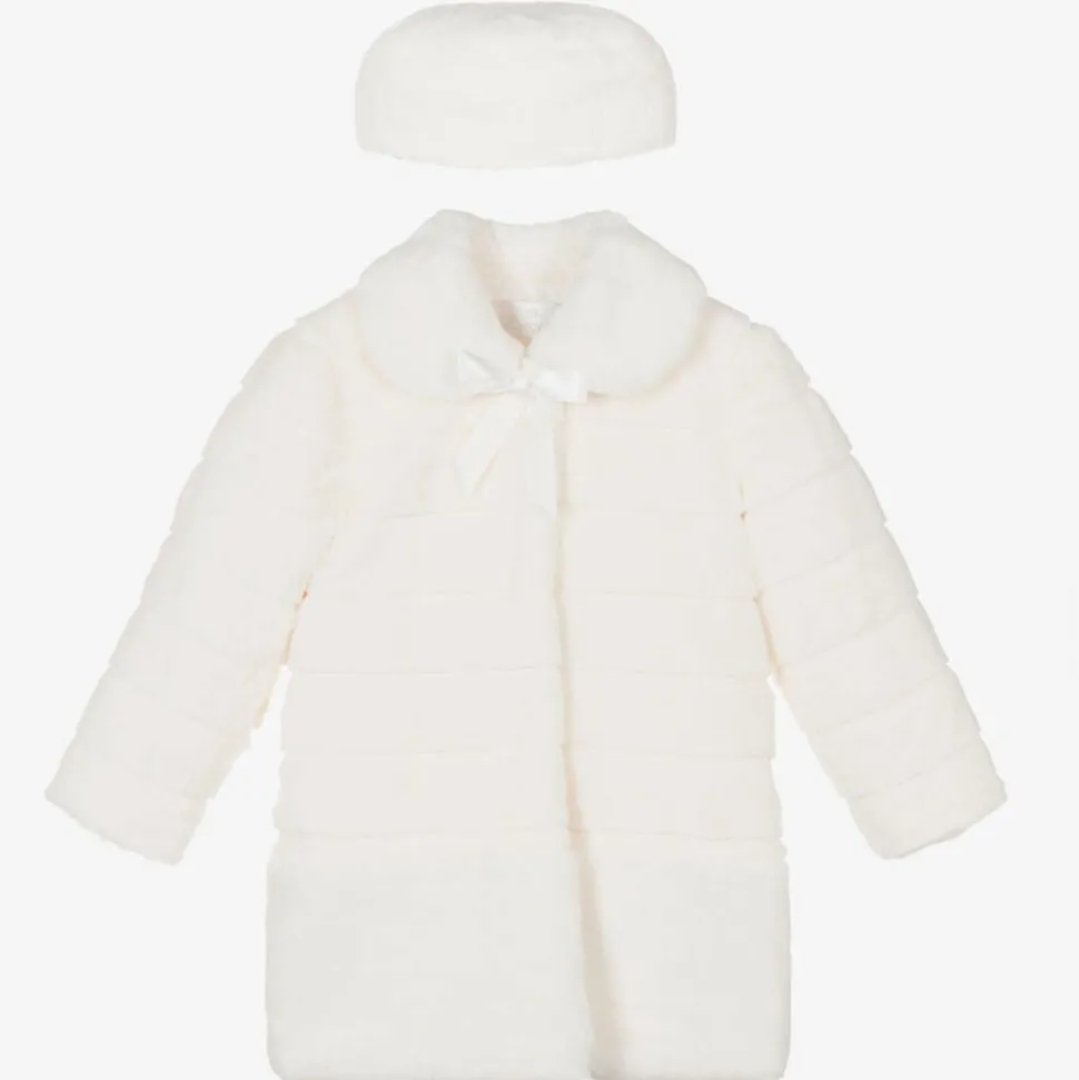 Girls Ivory Faux Fur Coat & Hat Set