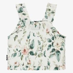 Girls Ivory Floral Cotton Shirred Top