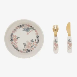 Girls Ivory Floral Silicone Plate & Cutlery Set