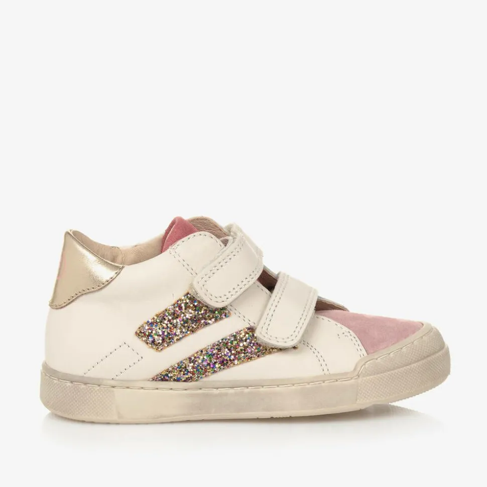 Girls Ivory Leather Glitter Stripe Trainers