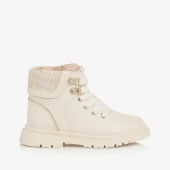 Girls Ivory Leather Lace-Up Boots