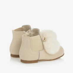 Girls Ivory Patent Leather Pom-Pom Boots