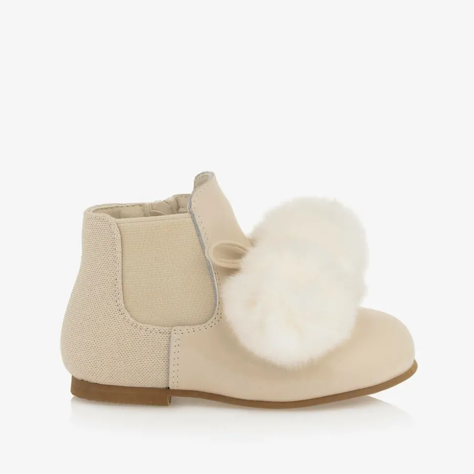Girls Ivory Patent Leather Pom-Pom Boots