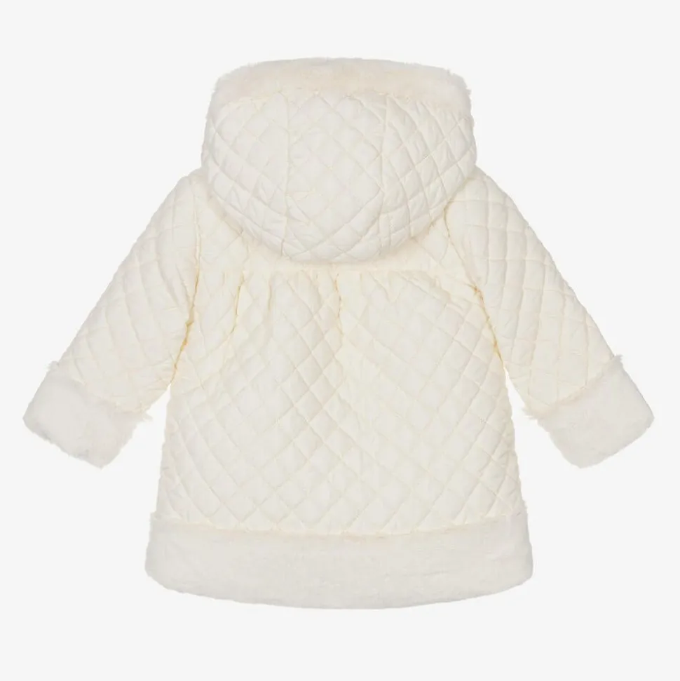 Girls Ivory Quilted Hooded Coat