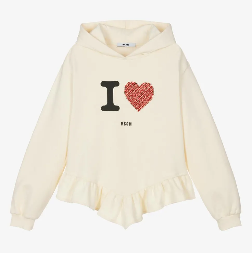 Girls Ivory Rhinestone Heart Hoodie