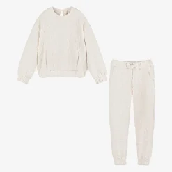 Girls Ivory Ribbed Flower Tracksuit