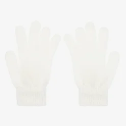 Girls Ivory Wool Knit Pom-Pom Gloves