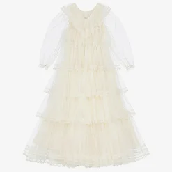 Girls Long Ivory Embroidered Tulle Dress