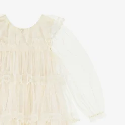 Girls Long Ivory Embroidered Tulle Dress