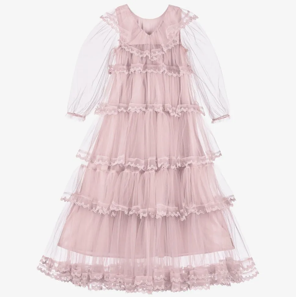 Girls Long Pink Embroidered Tulle Dress