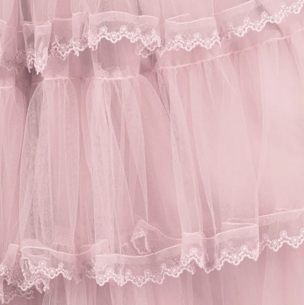 Girls Long Pink Embroidered Tulle Dress