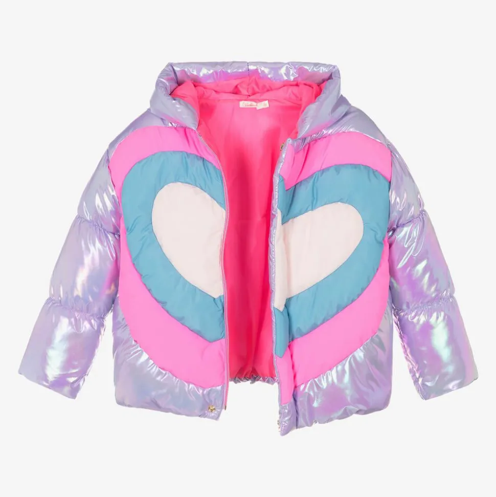 Girls Metallic Purple Heart Puffer Jacket