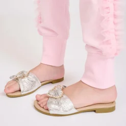 Girls Metallic Silver Heart Sliders