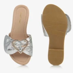 Girls Metallic Silver Heart Sliders