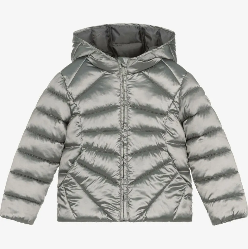 Girls Metallic Silver Puffer Jacket