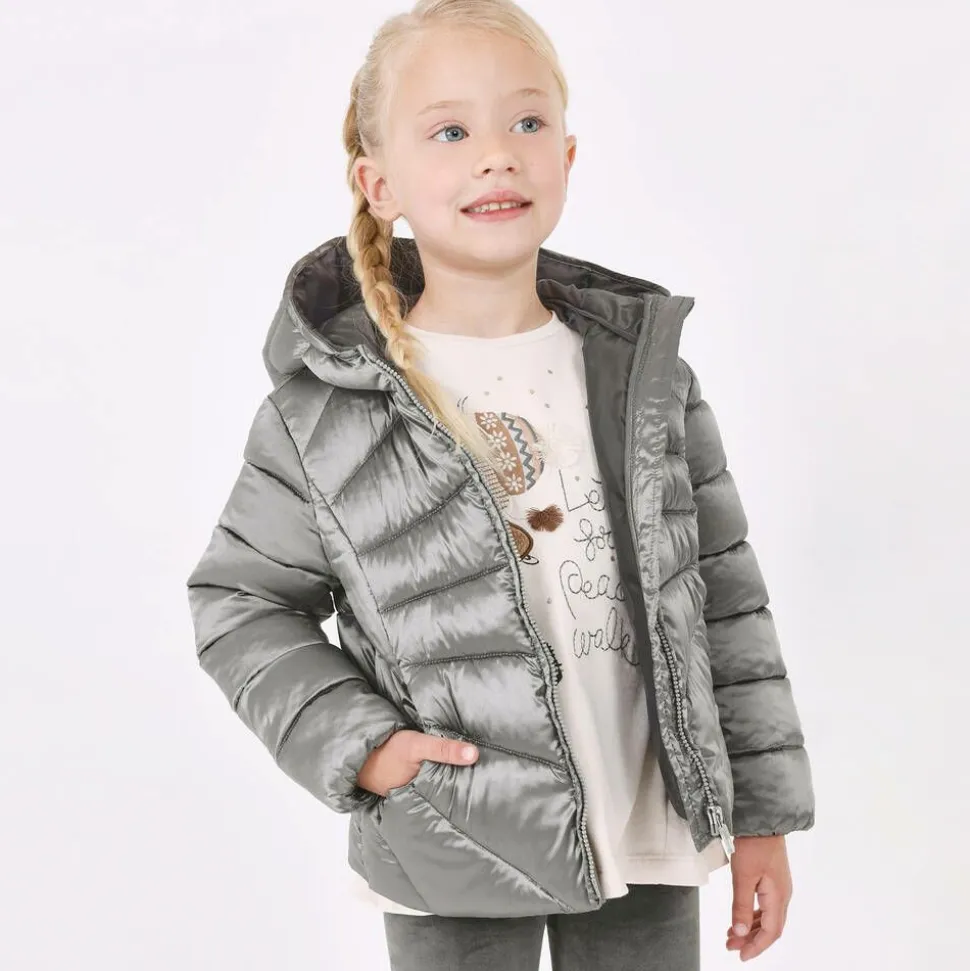 Girls Metallic Silver Puffer Jacket