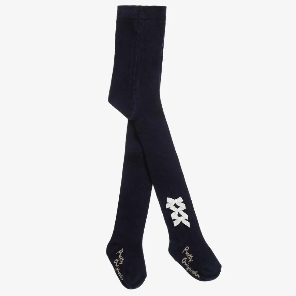 Girls Navy Blue Cotton Bow Tights