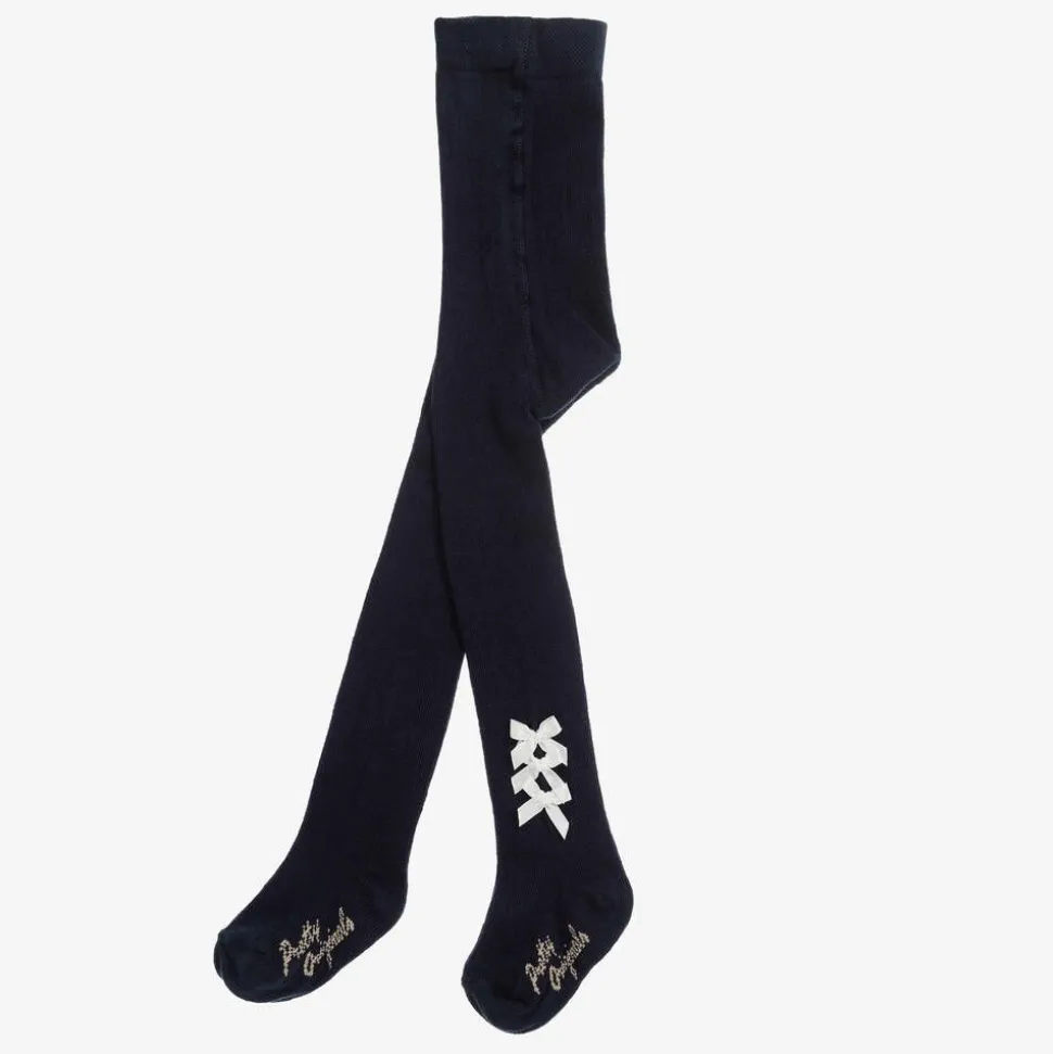 Girls Navy Blue Cotton Bow Tights