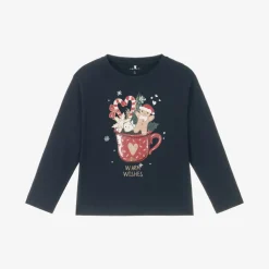 Girls Navy Blue Cotton Festive Top