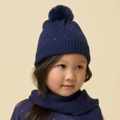 Girls Navy Blue Diamanté Cotton Knit Hat
