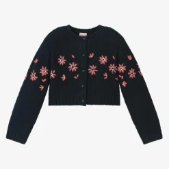 Girls Navy Blue Floral Knitted Cardigan