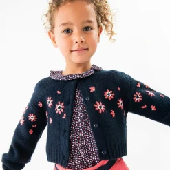 Girls Navy Blue Floral Knitted Cardigan