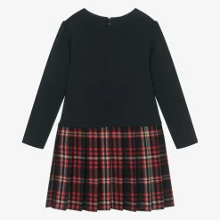 Girls Navy Blue Jersey & Tartan Flannel Dress