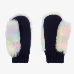 Girls Navy Blue Knit & Faux Fur Mittens