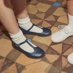 Girls Navy Blue Leather T-Bar Shoes