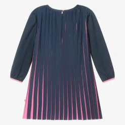 Girls Navy Blue Pleated Satin Dress