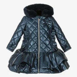Girls Navy Blue Quilted Hooded Coat