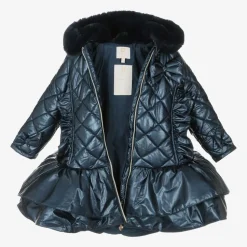 Girls Navy Blue Quilted Hooded Coat