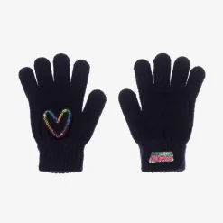Girls Navy Blue Sequin Heart Gloves