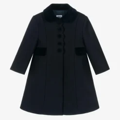Girls Navy Blue Wool & Velvet Coat