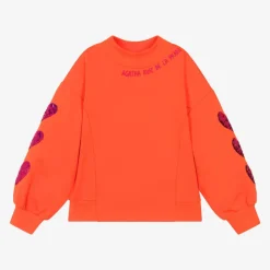 Girls Orange Cotton Heart Sweatshirt