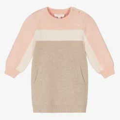 Girls Pink & Beige Cotton Sweater Dress