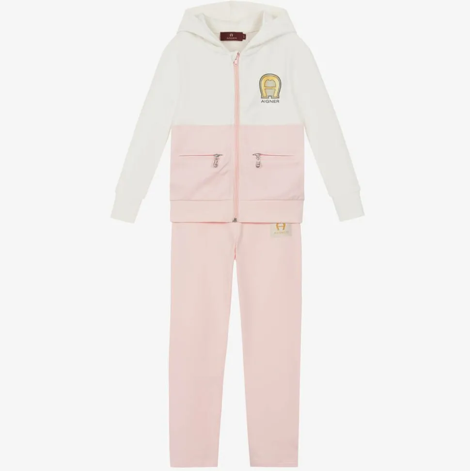 Girls Pink & Ivory Cotton Tracksuit