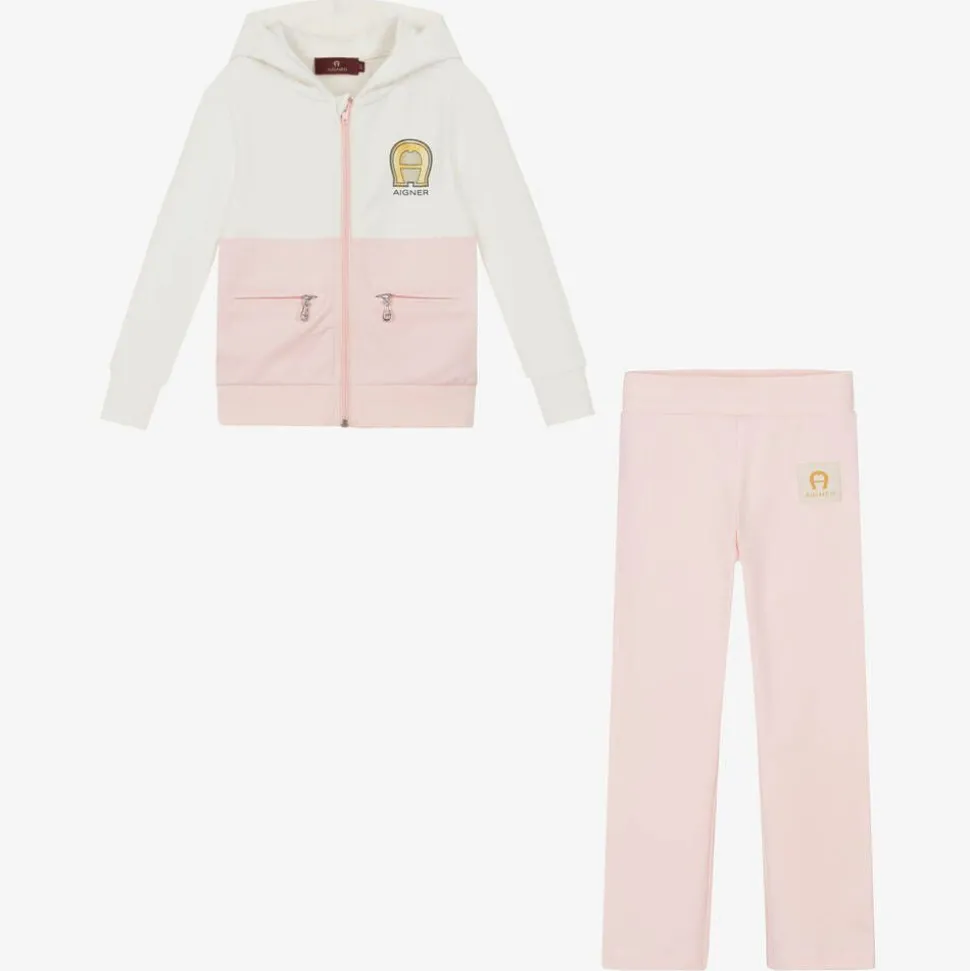 Girls Pink & Ivory Cotton Tracksuit